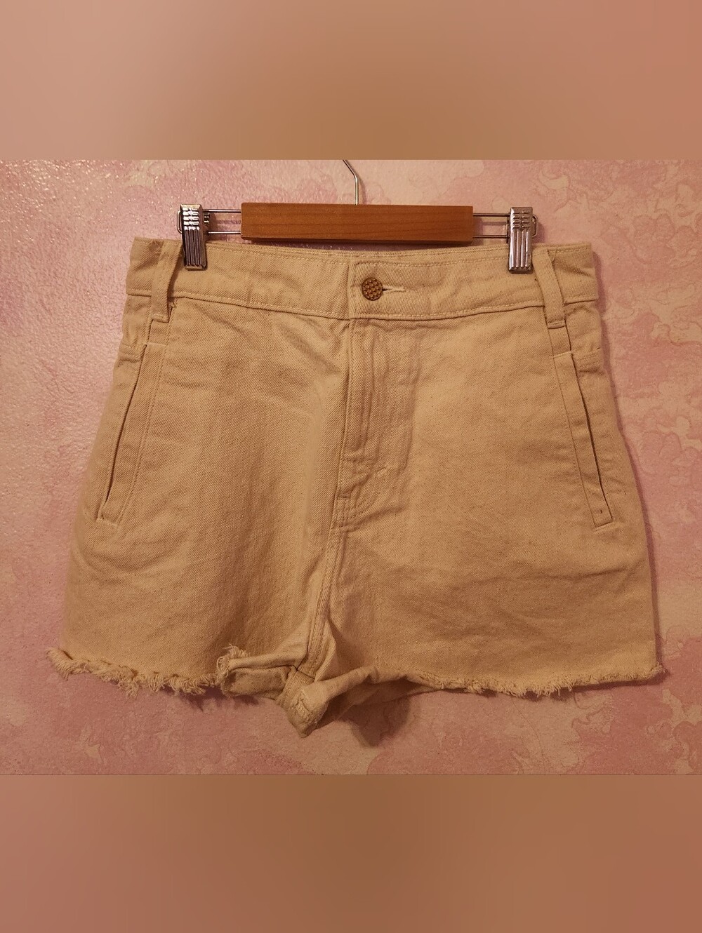Zara Cream Frayed Hem Denim Shorts